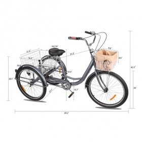 3-Wheeled Adult Tricycle with Foldable Basket, 24" Wheels, For Men and Women, Cruise Bike, Exercise Bike for Recreation and Shopping, Water-Proof Bag and Classic Bicycle bell