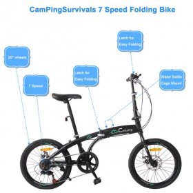 Campingsurvivals Portable Folding Bikes 7 Speed, with 20 inch Wheels, Black