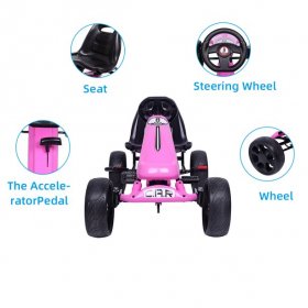 Pink Go Kart, 4 Wheel Powered Ride On Pedal Go Kart, Kids' Pedal Cars for Outdoor, Racer Pedal Car with Clutch, Brake, EVA Rubber Tires, Racer Bicycle with Adjustable Seat for Boys & Girls, L2530