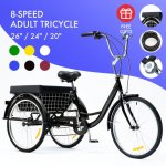 26" Adult Tricycle w/ Large Size Basket Comfort Cruiser for Men & Women With 8-speed Transmission Black