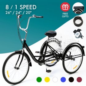 26" 3-Wheel Adult Tricycle w/ Large Basket Cruiser Bike for Shopping & Outing With 8-speed Transmission Green