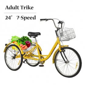 PROKTH 24" Adult Tricycle w/ Large Rear Storage Basket, Comfort Cruiser for Men & Women With 7-speed Transmission for Shopping, Yellow