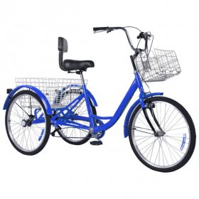 7 Speed 24"Adult 3-Wheel Tricycle,Tricycle Cruise Bike , 3 Wheel Bikes with Shopping Basket for Recreation and Shopping,Blue