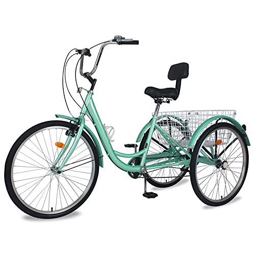 Adult Tricycles, 7 Speed Adult Trikes 20/24/26 inch 3 Wheel Bikes for Adults with Large Basket for Recreation, Shopping, Picnics Exercise Men\'s Women\'s Cruiser Bike (Green, 24\" Wheels/ 7-Speed)
